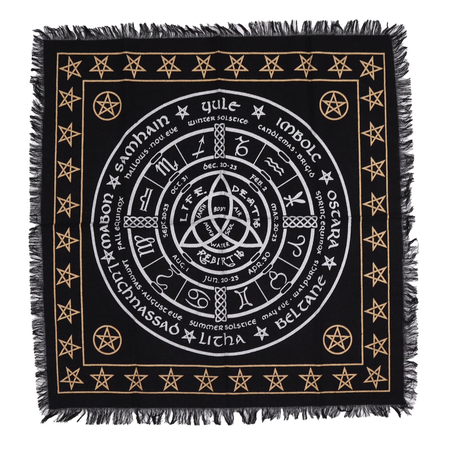 Toalha de Altar Esotérica com Franjas – Vida, Morte e Renascimento | 50x50 cm