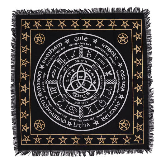 Toalha de Altar Esotérica com Franjas – Vida, Morte e Renascimento | 50x50 cm