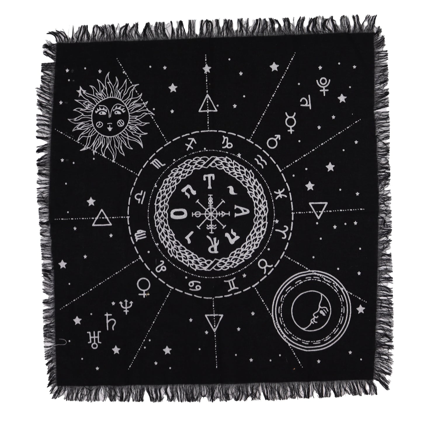 Toalha de Altar Esotérica com Franjas – Carta Lunar e Solar | 50x50 cm