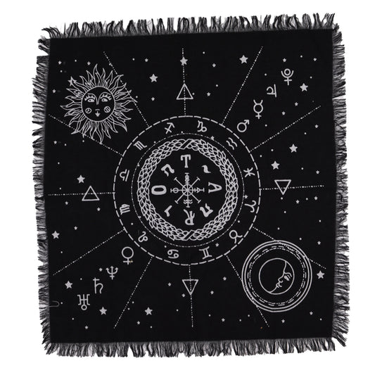 Toalha de Altar Esotérica com Franjas – Carta Lunar e Solar | 50x50 cm