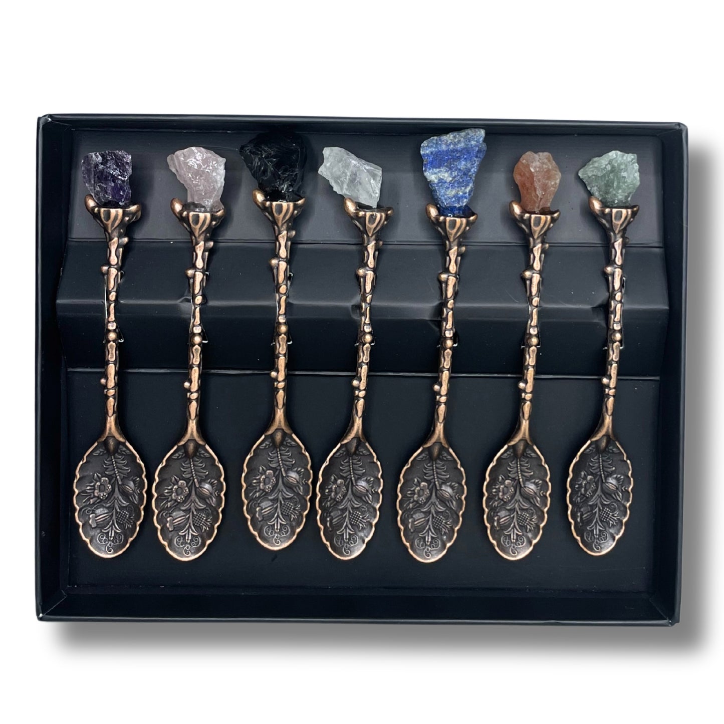 Conjunto de 7 Colheres de Feiticeira com Pedras Preciosas – Bronze